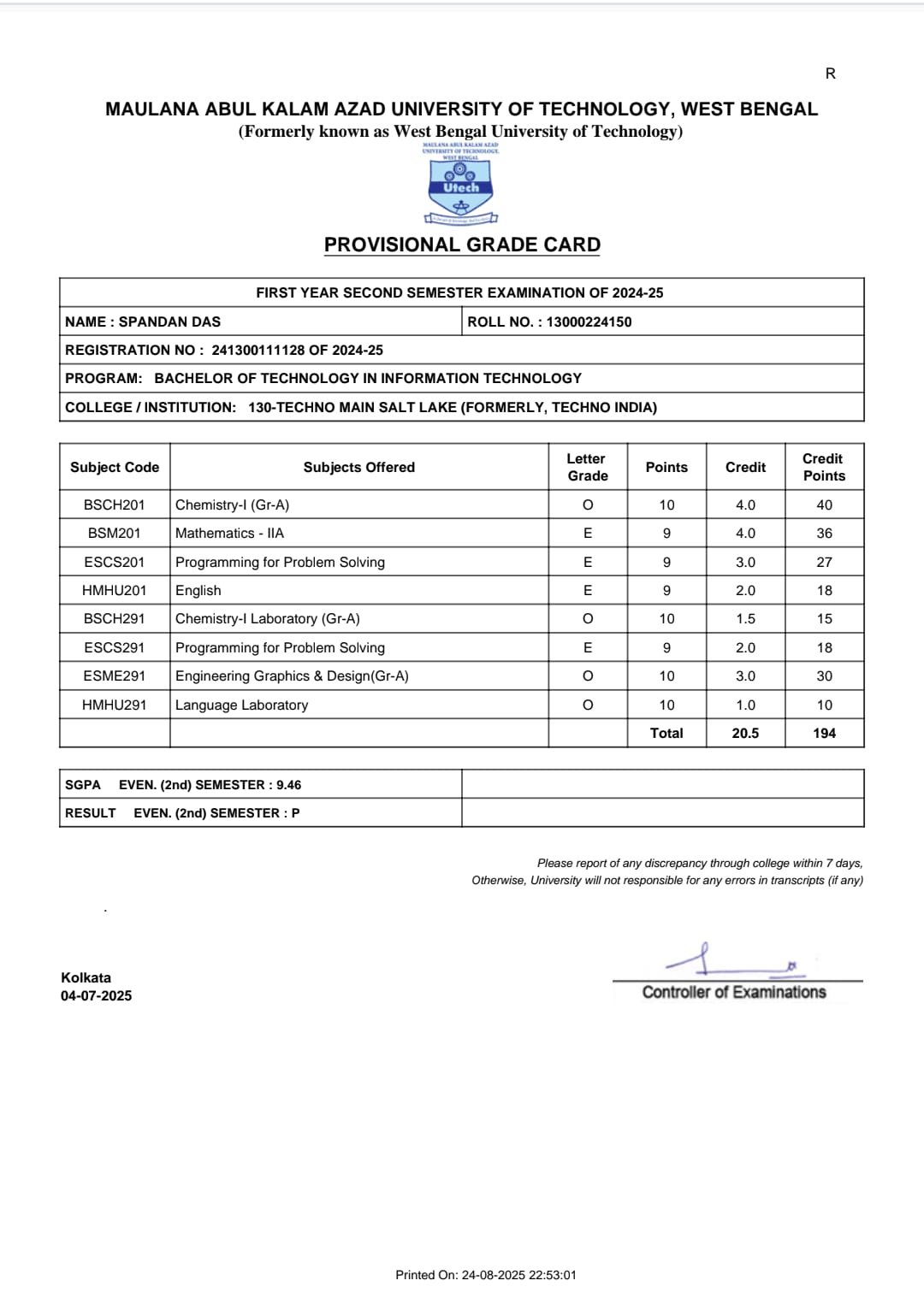 Grade Card 2nd Sem